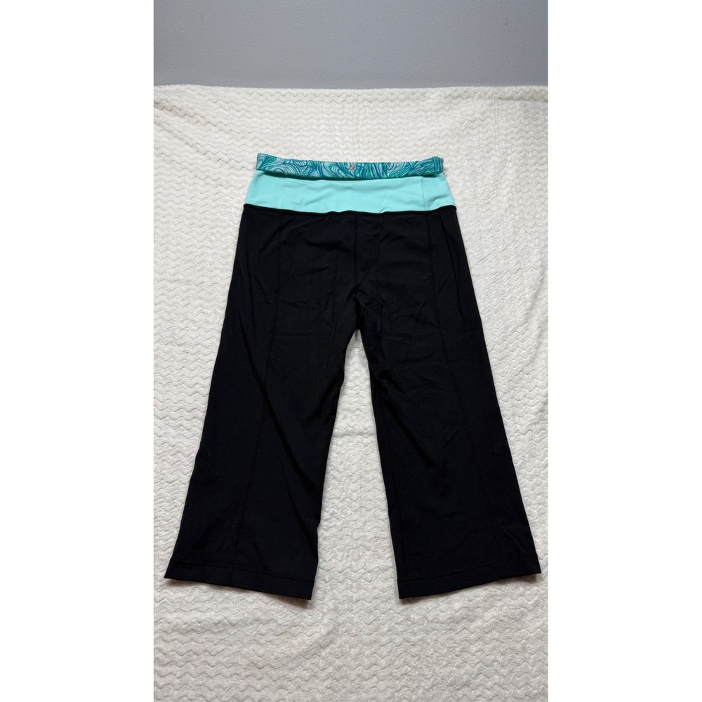 Lululemon Athletica Black Crop Yoga Pants Mint Teal Foldover Waist Size 6